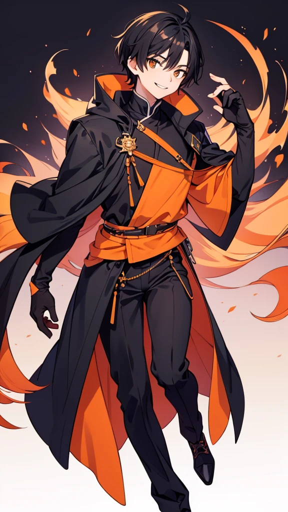 Black hair color Orange hair color Eyes are orange Handsome male male性 cool Black coat Looking forward The background is a simple color 1 person smiling whole body