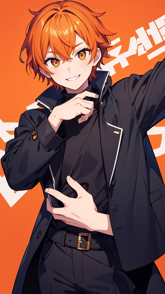 Black hair color　Orange hair color　Eyes are orange　Handsome　male　male性　cool　Black coat　Looking forward　The background is a simple color　 1 person smiling　whole body