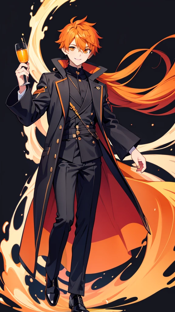 Black hair color　Orange hair color　Eyes are orange　Handsome　male　male性　cool　Black coat　Looking forward　The background is a simple color　 1 person smiling　whole body