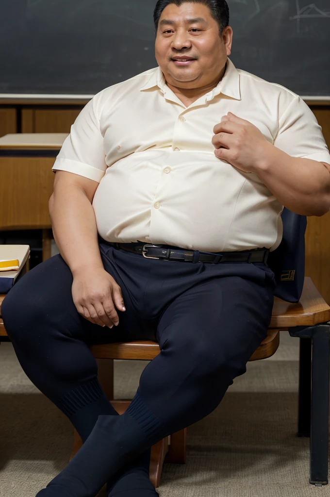 4k quality,(( Chinese middle-aged man)), China face, massive pec, strong muscles, big belly, chubby, ((overweight)), black hair, math teacher, ((wearing white shirt,)), shirt tucked into trousers, tie,belt, heat, sweat stains, sweat all over, shame, ((mustard)), massive pec, blush, satisfied looking, sitting, holding a conference, class room, ((wearing navy black sexy socks)),