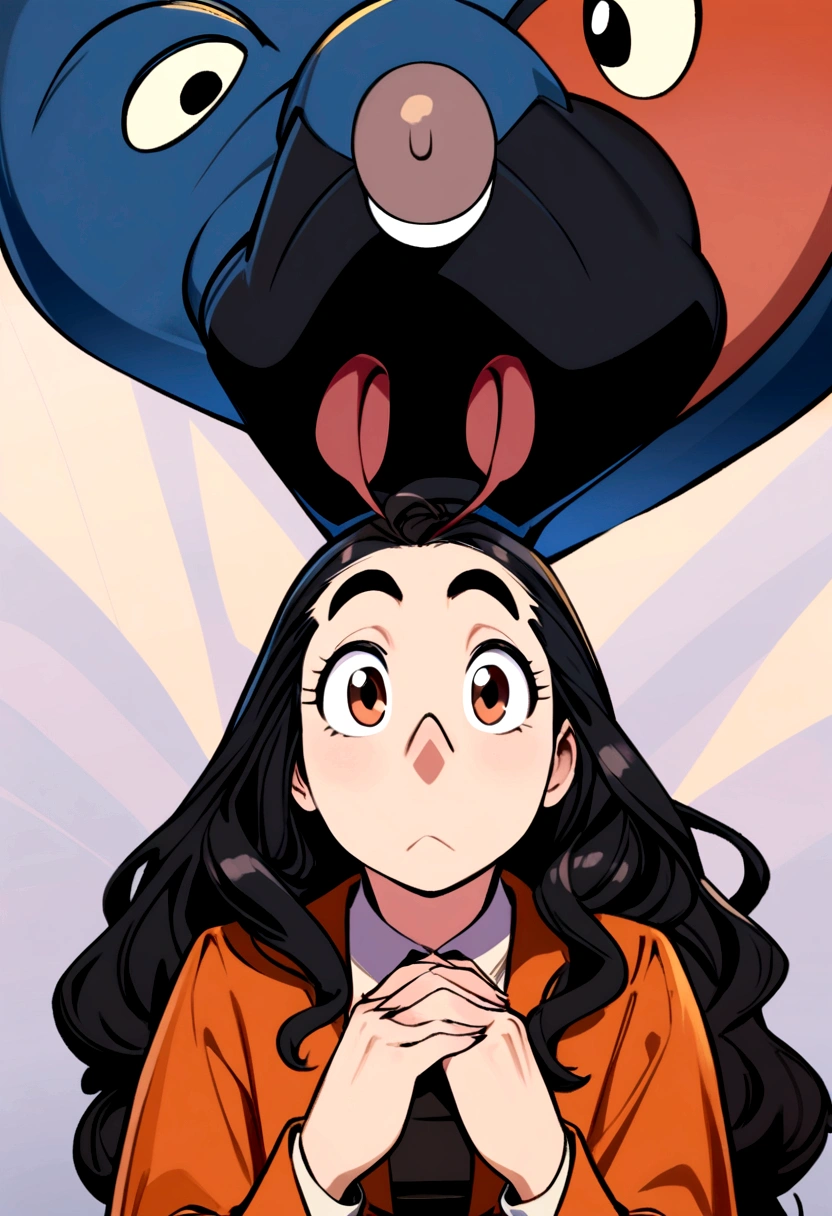 a pixar style woman, long hair, wavy, Bblack hair, eyes black, looking forward, slightly wide nose celebrating job opening