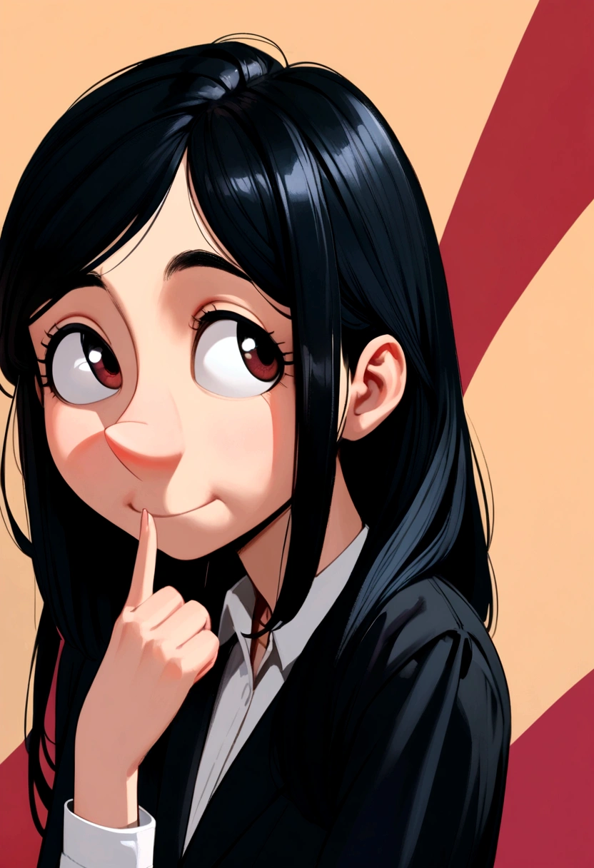 a pixar style woman, long hair, wavy, Bblack hair, eyes black, looking forward, slightly wide nose celebrating job opening