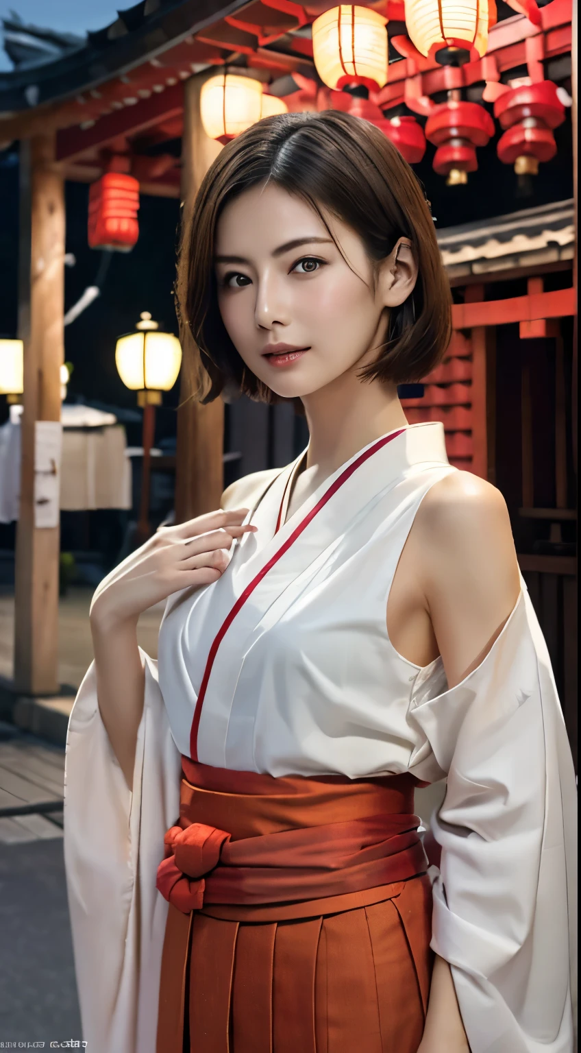 (masterpiece:1.3), (8K, Realistic, RAW Photos, Best image quality: 1.4), Japanese, (1 Girl), Beautiful Face, (sorry), Through clenched teeth、Beautiful Hairstyles, Realistic eyes, Beautiful Eyes, (Realistic Skin),(short hair:1.3) ,Beautiful Skin, charm, Ultra-high resolution, Surreal, (Big Breasts)、Attention to detail,  Detail Makeup,View your viewers、(short hair)、((Shrine at night))、Shaved pubic hair、((Full body portrait))、((Opening a store、street vendors))、Shrine maiden、((miko dressing))