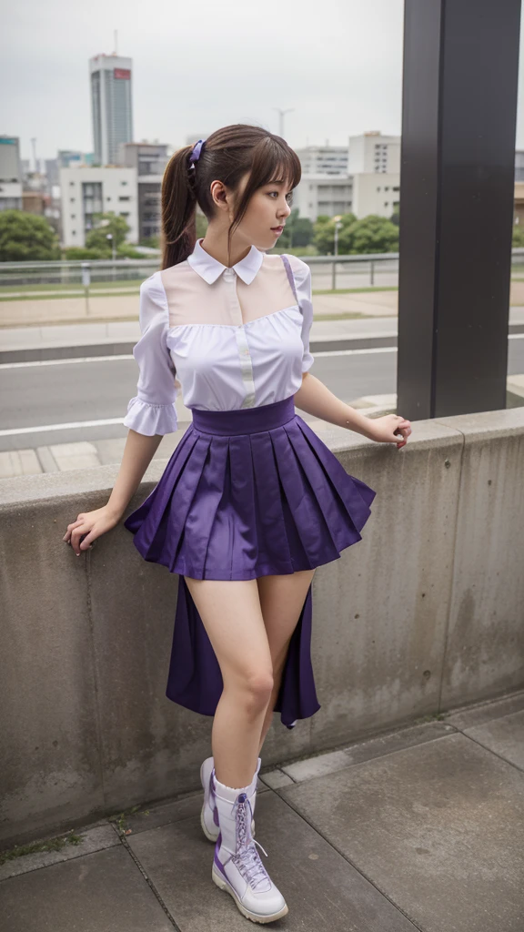 ((masterpiece, best quality))1girl, solo, fashion purple dress modern future, electric guitar, headphones, ponytail, holding, holding plectrum, instrument, very very long brown hair, music, one side up, teal hair, twin tails, playing guiter, pleated long skirt fashion, fashion cosplay japan dress modern purple and white, interior, full body, purple, sit down in retro classic chair, walking, jumping, beautiful boot modern, background japan city, fashion costume cosplay japan modern, execited, dance, jumping, running, fighting