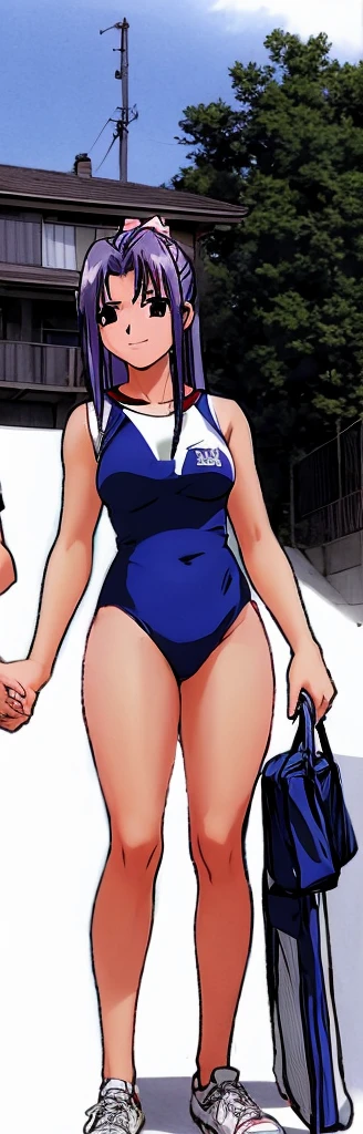 Momoko Koigakubo, a tall girl with beautiful legs, is standing by the pool with a smile on her face, wearing a blue high-cut swimsuit and spreading her legs to the sides.。