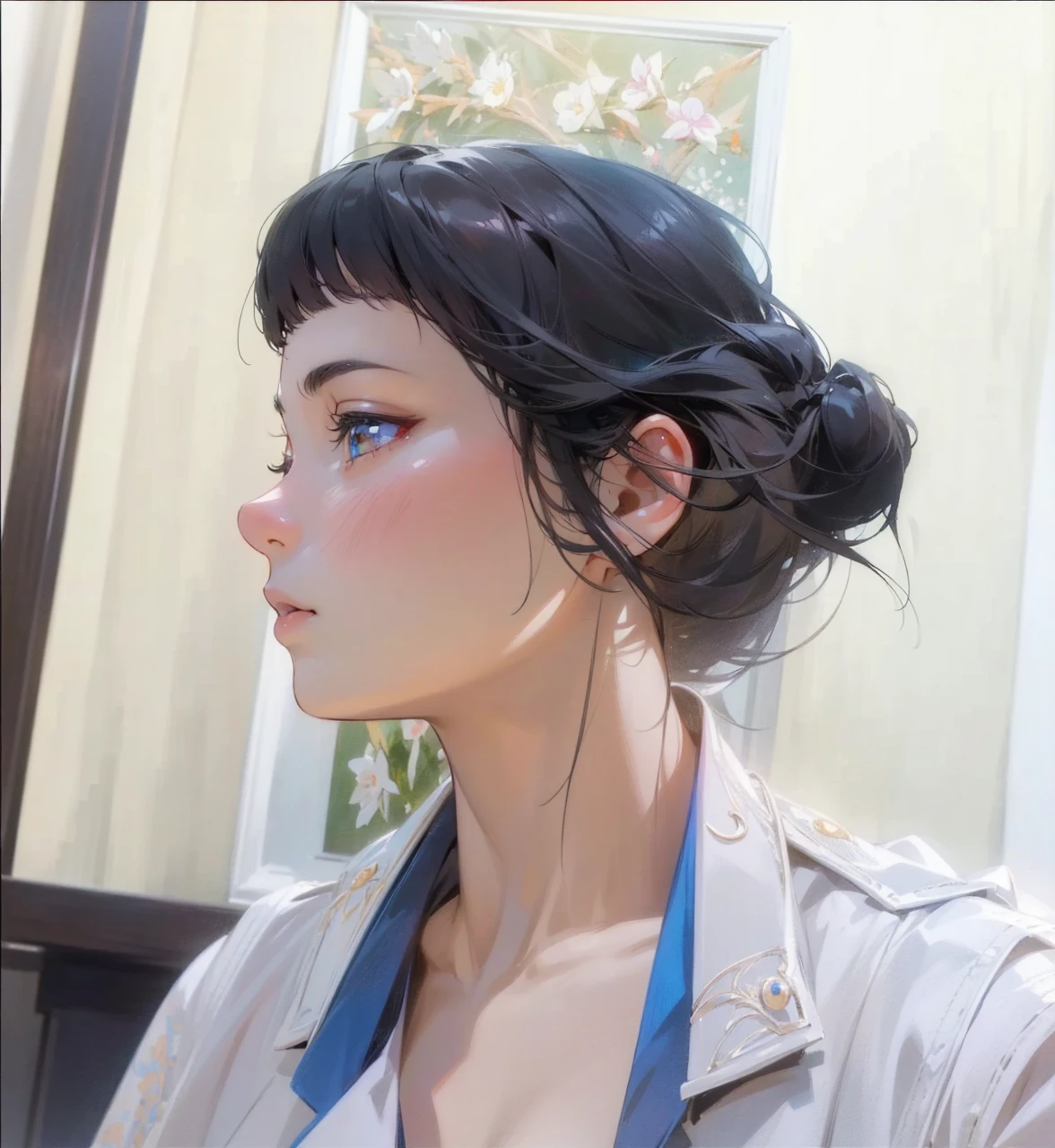 a beautiful anime girl, dark black hair, long hair, short straight bangs, shoulder-length hair, detailed facial features, best quality, masterpiece, intricate details, vivid colors, dramatic lighting, photorealistic, 8k, highly detailed, realistic, sharp focus, physically-based rendering, studio lighting, portrait