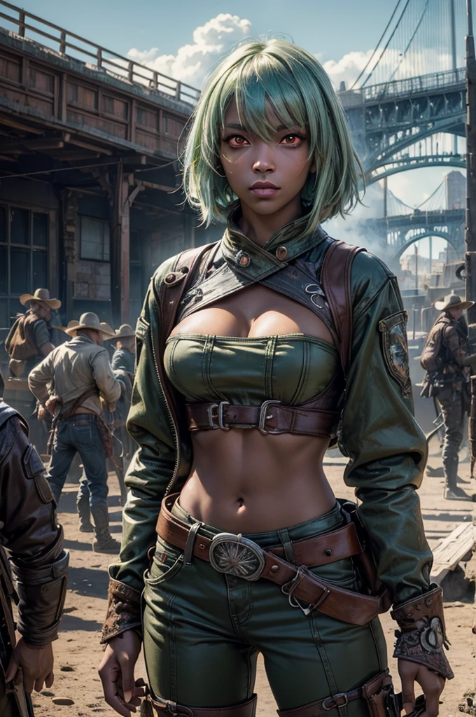 emeraldsustrai, emerald sustrai, short hair, (red eyes:1.5), (green hair), dark skin, dark-skinned female, navel, cleavage, midriff, belt, cleavage cutout, chaps, snow, ((broken suspension bridge, near old steam train)), post-apocalypse, dystopian future, crowd, (crowd in military uniforms), bonfires, (volumetric lighting),  intricate details, tonemapping, sharp focus, hyper detailed, (cowboy shot:1.5), BREAK (masterpiece:1.2), best quality, high resolution, unity 8k wallpaper, (illustration:0.8), (beautiful detailed eyes:1.6), extremely detailed face, perfect lighting, extremely detailed CG, (perfect hands, perfect anatomy),