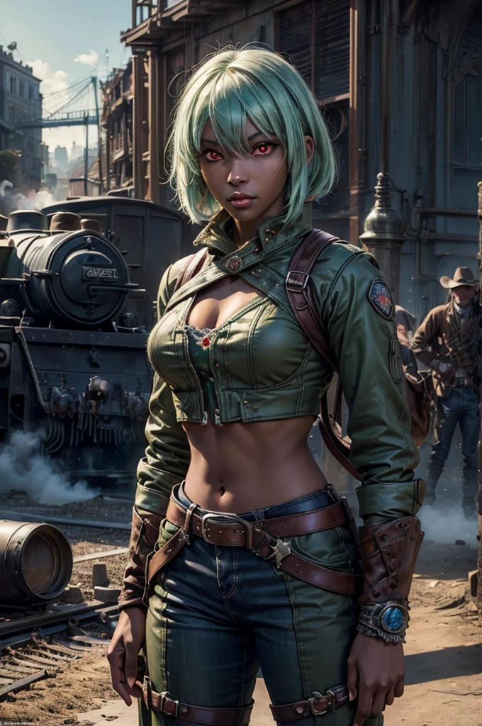 emeraldsustrai, emerald sustrai, short hair, (red eyes:1.5), (green hair), dark skin, dark-skinned female, navel, cleavage, midriff, belt, cleavage cutout, chaps, snow, ((broken suspension bridge, near old steam train)), post-apocalypse, dystopian future, crowd, (crowd in military uniforms), bonfires, (volumetric lighting),  intricate details, tonemapping, sharp focus, hyper detailed, (cowboy shot:1.5), BREAK (masterpiece:1.2), best quality, high resolution, unity 8k wallpaper, (illustration:0.8), (beautiful detailed eyes:1.6), extremely detailed face, perfect lighting, extremely detailed CG, (perfect hands, perfect anatomy),