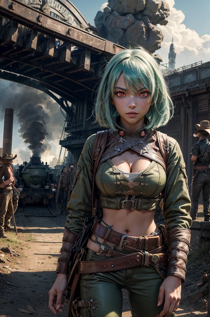 emeraldsustrai, emerald sustrai, short hair, (red eyes:1.5), (green hair), dark skin, dark-skinned female, navel, cleavage, midriff, belt, cleavage cutout, chaps, snow, ((broken suspension bridge, near old steam train)), post-apocalypse, dystopian future, crowd, (crowd in military uniforms), bonfires, (volumetric lighting),  intricate details, tonemapping, sharp focus, hyper detailed, (cowboy shot:1.5), BREAK (masterpiece:1.2), best quality, high resolution, unity 8k wallpaper, (illustration:0.8), (beautiful detailed eyes:1.6), extremely detailed face, perfect lighting, extremely detailed CG, (perfect hands, perfect anatomy),