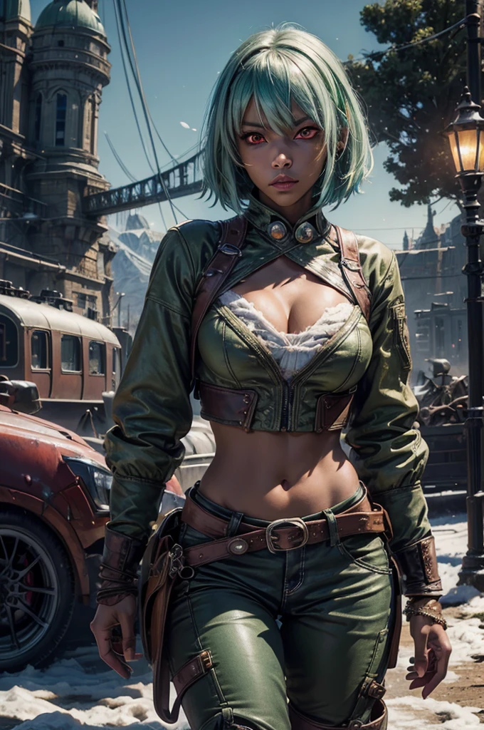 emeraldsustrai, emerald sustrai, short hair, (red eyes:1.5), (green hair), dark skin, dark-skinned female, navel, cleavage, midriff, belt, cleavage cutout, chaps, snow, ((broken suspension bridge, near old steam train)), post-apocalypse, dystopian future, crowd, (crowd in military uniforms), bonfires, (volumetric lighting),  intricate details, tonemapping, sharp focus, hyper detailed, (cowboy shot:1.5), BREAK (masterpiece:1.2), best quality, high resolution, unity 8k wallpaper, (illustration:0.8), (beautiful detailed eyes:1.6), extremely detailed face, perfect lighting, extremely detailed CG, (perfect hands, perfect anatomy),