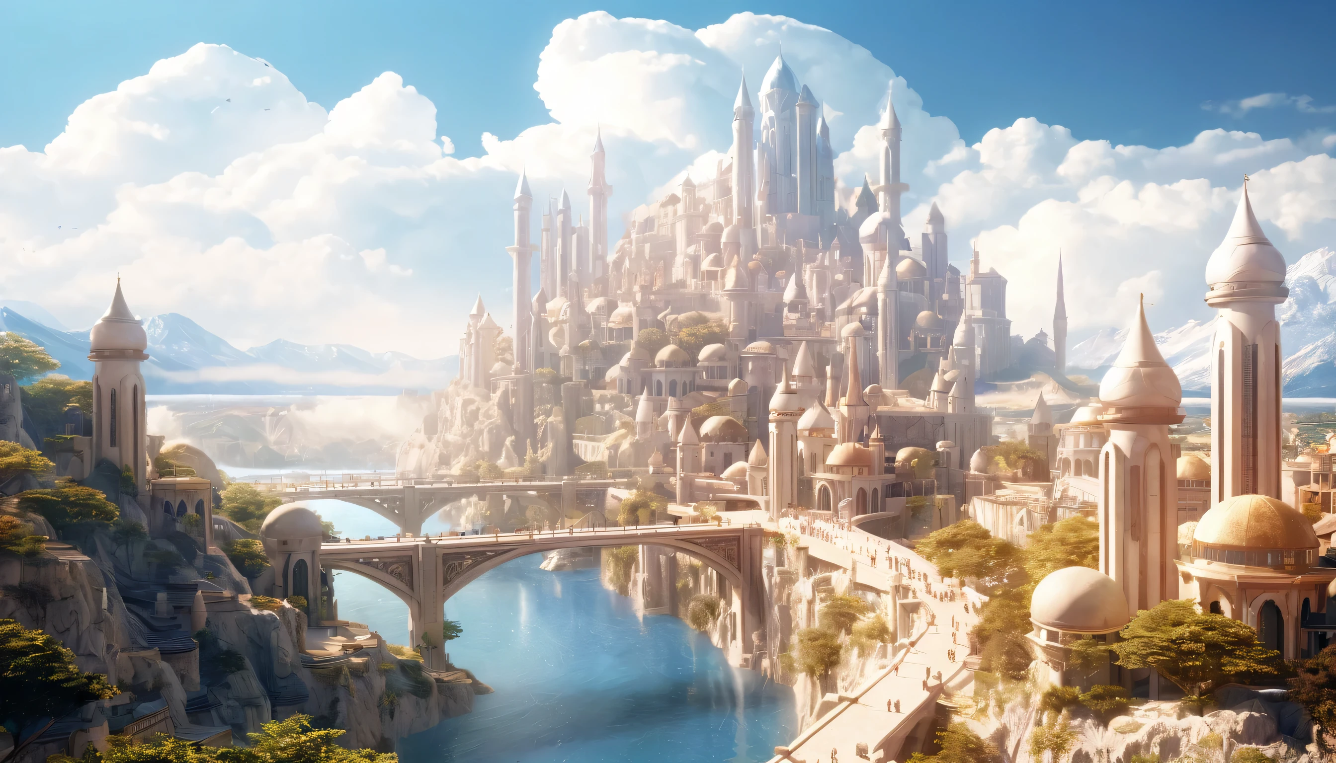 there is a castle on a hill with a bridge over it, beautiful render of a fairytale, fantasy capital city, fantasy cityscape, fantasy city background, matte painting in fantasy style, fantasy city, fantasy matte painting,cute, epic castle with tall spires, in fantasy sci - fi city, impressive fantasy landscape, futuristic castle, realistic fantasy render, medieval fantasy landscape, fantasy architecture