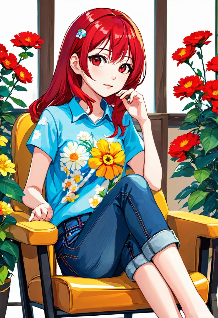 Pretty asian woman, bright red hair, blue jeans, flower shirts, cute, sitting in a chair. Anime style