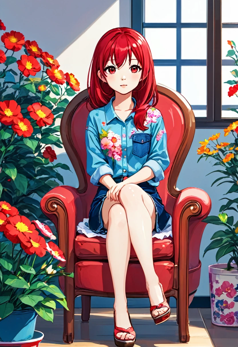 Pretty asian woman, bright red hair, blue jeans, flower shirts, cute, sitting in a chair. Anime style