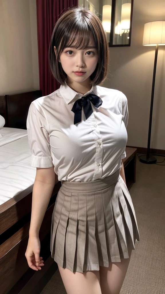 masterpiece, best quality, illustration, Super detailed, fine details, High resolution, 8K,wall paper, perfect dynamic composition,(Details High quality, realistic depiction of eyes:1.3), standing, (collared shirt:1.1), pleated skirt, short bob hair、black hair color, Big Natural Color Lip, bold sexy pose, crying a little、Harajuku style、acrobatic pose, 20 year old girl、cute type、lolita、beautiful legs, hotel room, gravure idol, Voluptuous thighs, huge breasts, Don't expose it