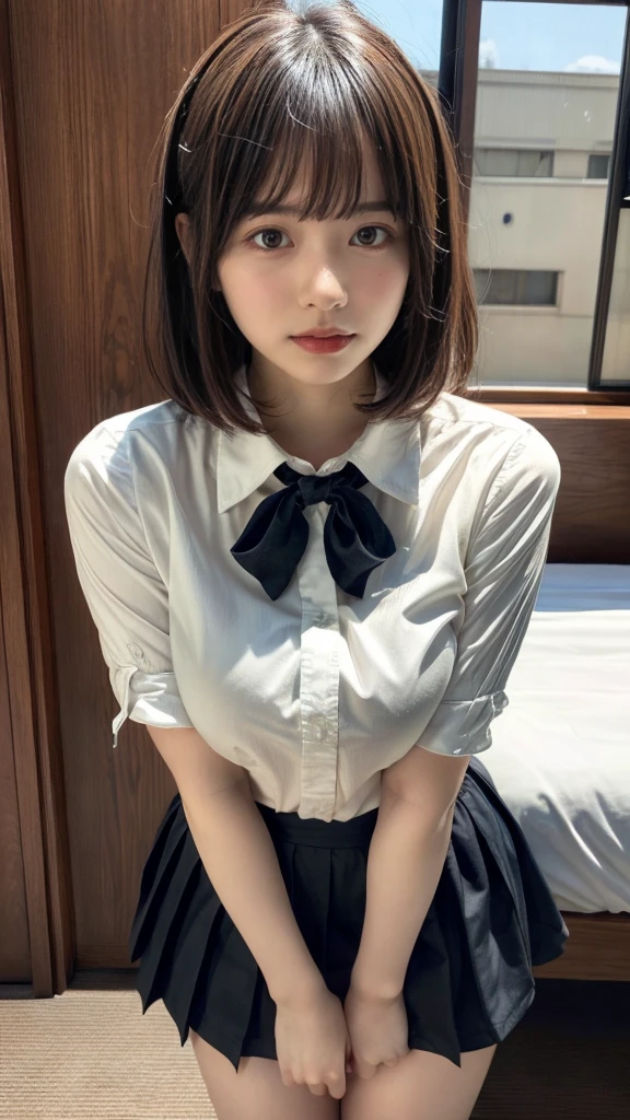 masterpiece, best quality, illustration, Super detailed, fine details, High resolution, 8K,wall paper, perfect dynamic composition,(Details High quality, realistic depiction of eyes:1.3), standing, (collared shirt:1.1), pleated skirt, short bob hair、black hair color, Big Natural Color Lip, bold sexy pose, crying a little、Harajuku style、acrobatic pose, 20 year old girl、cute type、ta、beautiful legs, hotel room, gravure idol, Voluptuous thighs, huge breasts, Don't expose it
