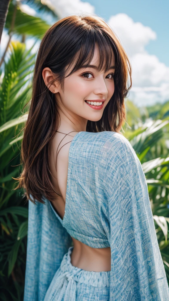 (highest quality、8K、32k、masterpiece)、(RAW Photos)、(Realistic)、(High resolution)、Very detailed、Very beautiful face and eyes、1girl,Patterned Bikini、Simple silver necklace、Hawaii Beaches、Palm tree、blue sky、cloud、summer、(Composition from the waist up), (Shiny Hair, Shiny skin), (Background blur), (Shallow depth of field),Eye Reflexes, (Smile and laugh:1.2),bangs、Hair in the wind、Backlight:1.2、Shortcuts、Brown Hair:1.2,Facing forward:1.3
