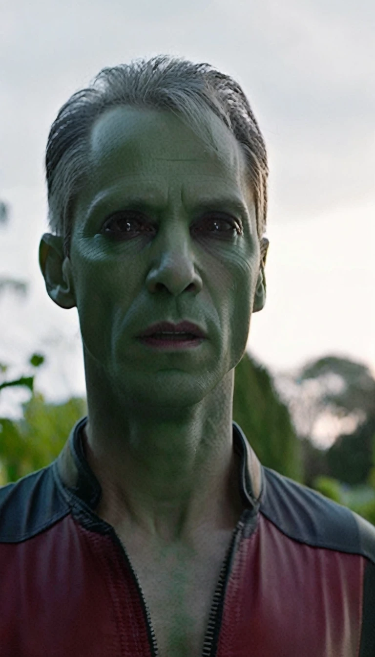 A 40-year-old man, (((wearing a red blouse))), (((((alien green skin))))), (((full dark sclera eyes))), thin chin, (((white hair))) with a high quiff and back with gel and short sides, thin nose, garden in the background