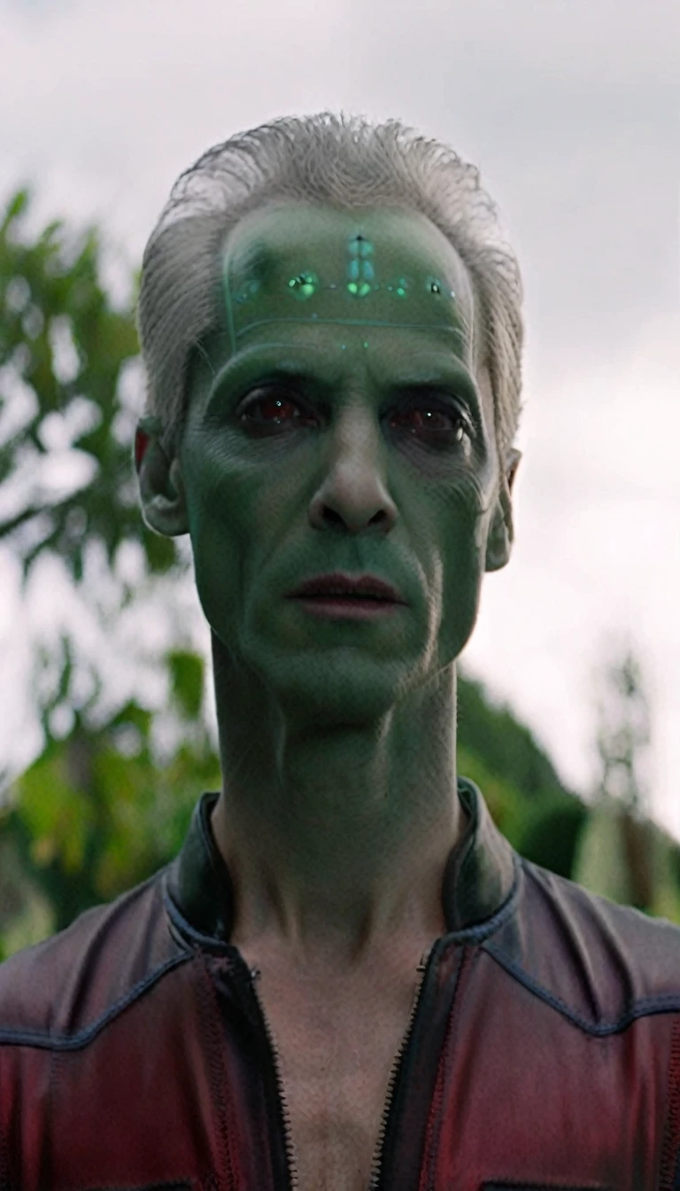 A 40-year-old man, (((wearing a red blouse))), (((((alien green skin))))), (((full dark sclera eyes))), thin chin, (((white hair))) with a high quiff and back with gel and short sides, thin nose, garden in the background