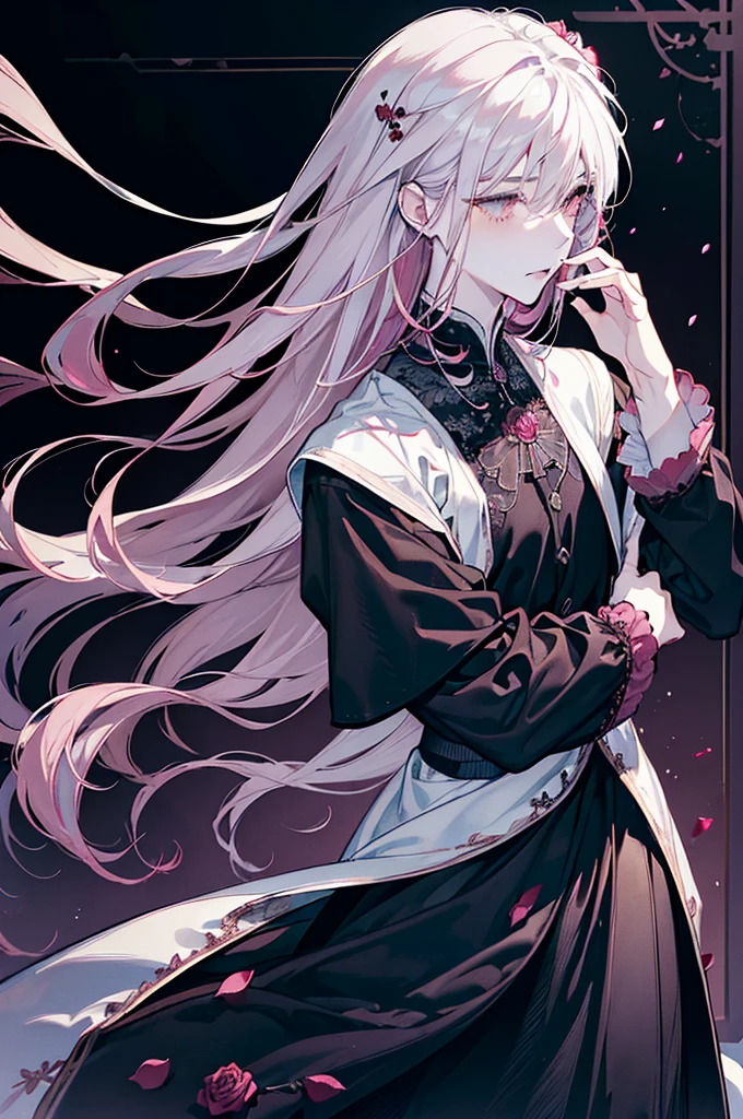 (best quality) (1 male), adult, (((pearly dark-rose pearl hair))), long disheveled hair, (eyes is completely black, the white of the eye is black), pale skin, thorny vines entwine the hair, gentle delicate facial features, aristocrat's clothes, black cloak covers his head