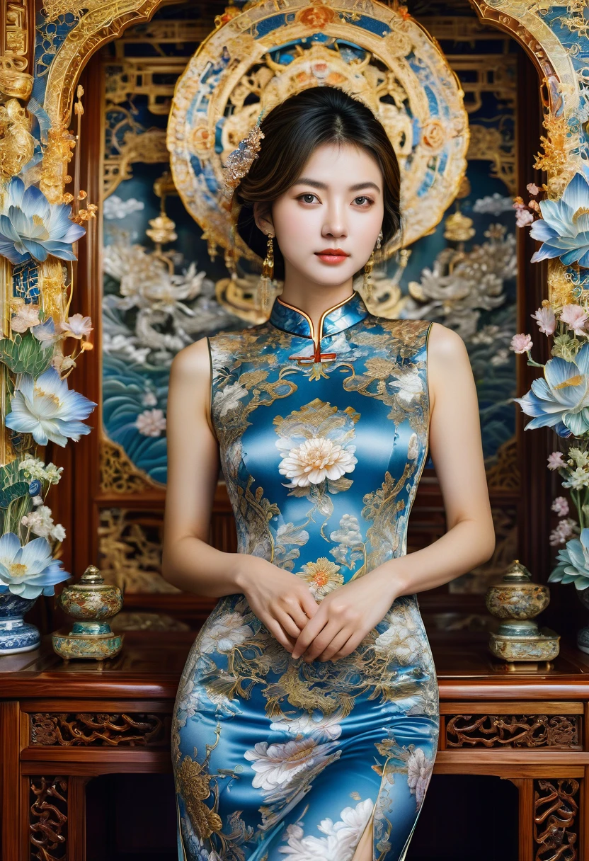 Cheongsam, fullbody, by Laurie Lipton, RAW photo, 35mm photograph, bokeh, best quality, masterpiece, very aesthetic, perfect composition, intricate details, ultra-detailed