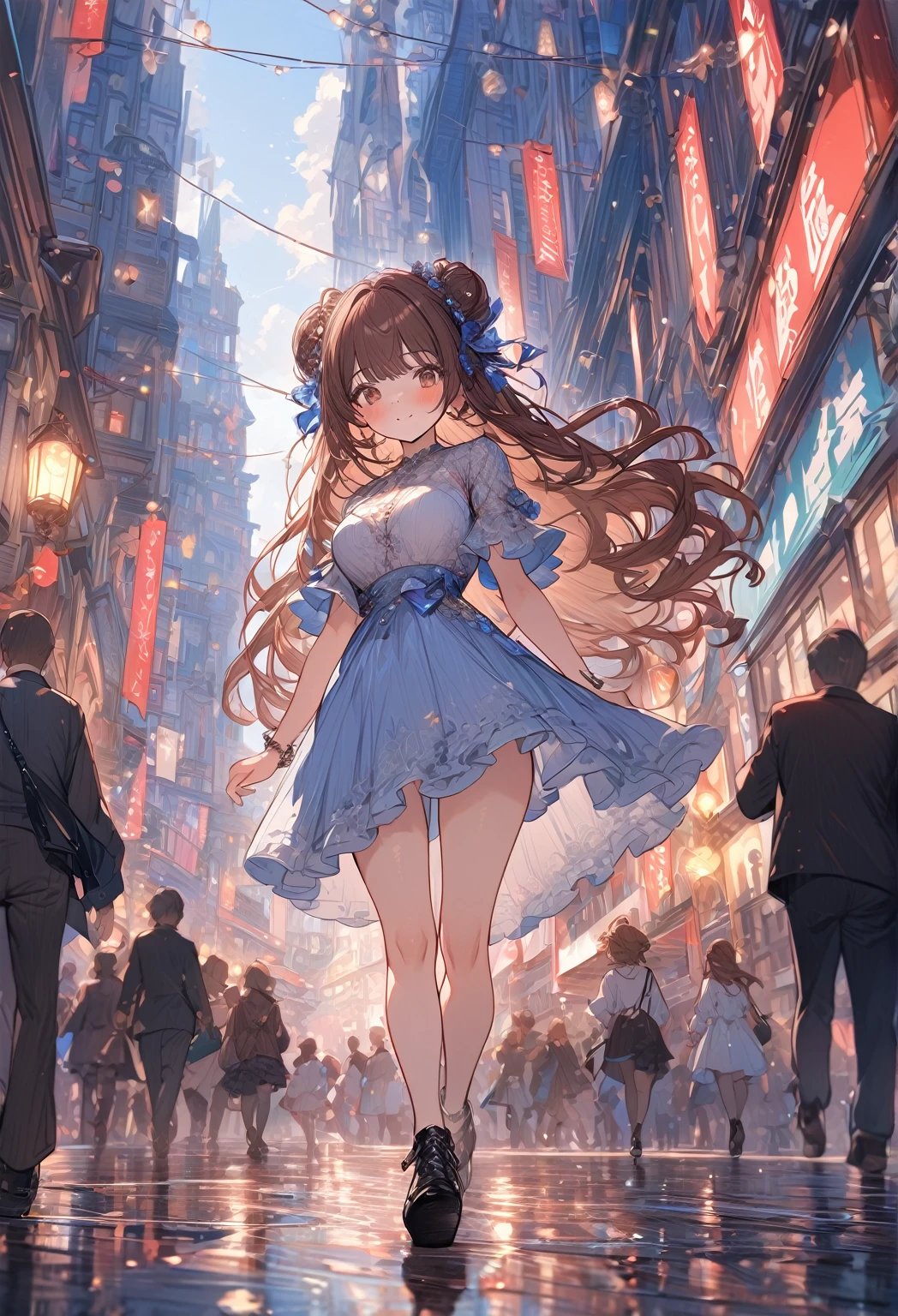 ((masterpiece:0), best quality, very aesthetic, newest, absurdres, detailed, high quality)
BREAK
highest quality, top quality, details, highres, ultra fine painting, digital art, official art, cinematic, 4k, 8k resolution, 8K CG wallpaper, CG, original artwork, detailed background, colorful background, blue atmosphere, High Dynamic Range, blurry background, blue hour, Starburst effects, crepuscular rays, good ISO, high resolution, wide shot, from far away, RAW photo, POV, sharp focus, light reflection, reflections, intricate details, soft light, particle noise, professional photography, bokeh, depth of field, natural lighting, vibrant colors, looking away, detailed lights and shadows, stylish, ultra-detailed, top rated on Pixiv, trending on Artstation, niji style, modern-days, master crafted, pose
BREAK
solo, 1girl, a girl, correct fingers, detailed hair, (medium big breasts:1.2), big thighs, short torso, short body, flushtered, blush, anxious expression, casual, slim, ((cute, childlike face):1.3), nice hips, nice body, brown hair, (long flowing hair:1.1), big 2 buns hairstyle, long bangs, long hair, middle hair bangs, brown eyes
BREAK
((colorful outfit), off shoulder crop top, short skirt, headphone, jacket, casual cap, belts, straps, choker, gloves, boots, stockings, garterbelt, accessories, outfit ornaments, sneakers, kemonomimi, masker, 1 tail, correct tail, (full body:1.3)) 
BREAK
a close up of a person walking down a street with a crowd of people, crowded street, crowded streets, in front of a large crowd, giant crowd, girl walking through city, people walking down a street