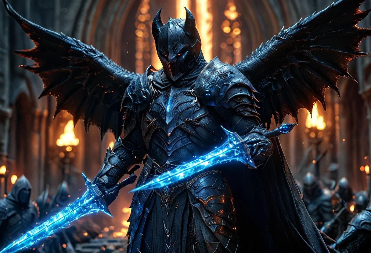 Close-up photos, Lighting epic shot action pose composition [professional::1][complex:1][Fantasy Art:1}- The Dark Knight known as the First Knight of Mordor, Devil Wings, Armed with two swords, Blue flashing sword, Detailed grim female warrior face, Lord of the Rings concept art, Long-distance shooting, Backlight