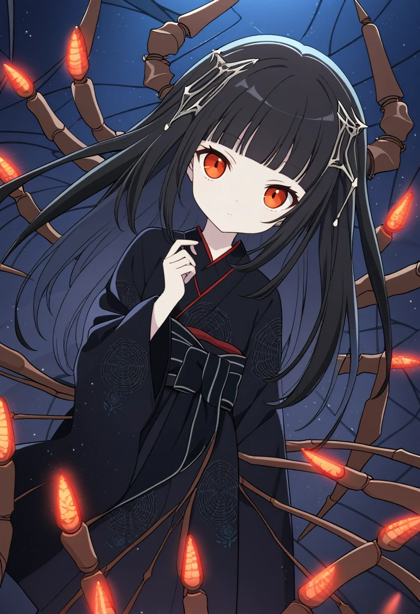 (arachne, spider girl, arthropod girl, arthropod_limbs, monster girl:1.2), 1girl, solo, black hair, long hair, hime cut, straight hair, blunt bangs, red glowing eyes, (black kimono, detailed decoration kimono:1.1), small breasts, pale skin, five fingers, perfect hands, perfect anatomy, rating_sfw, cinematic lighting, masterpiece, amazing quality, best quality, detailed, absurdres, best illustration, an extremely delicate and beautiful, game_cg, intricate, (:1.3), (tiny, petite:1.3), (at midnight), looking at viewer