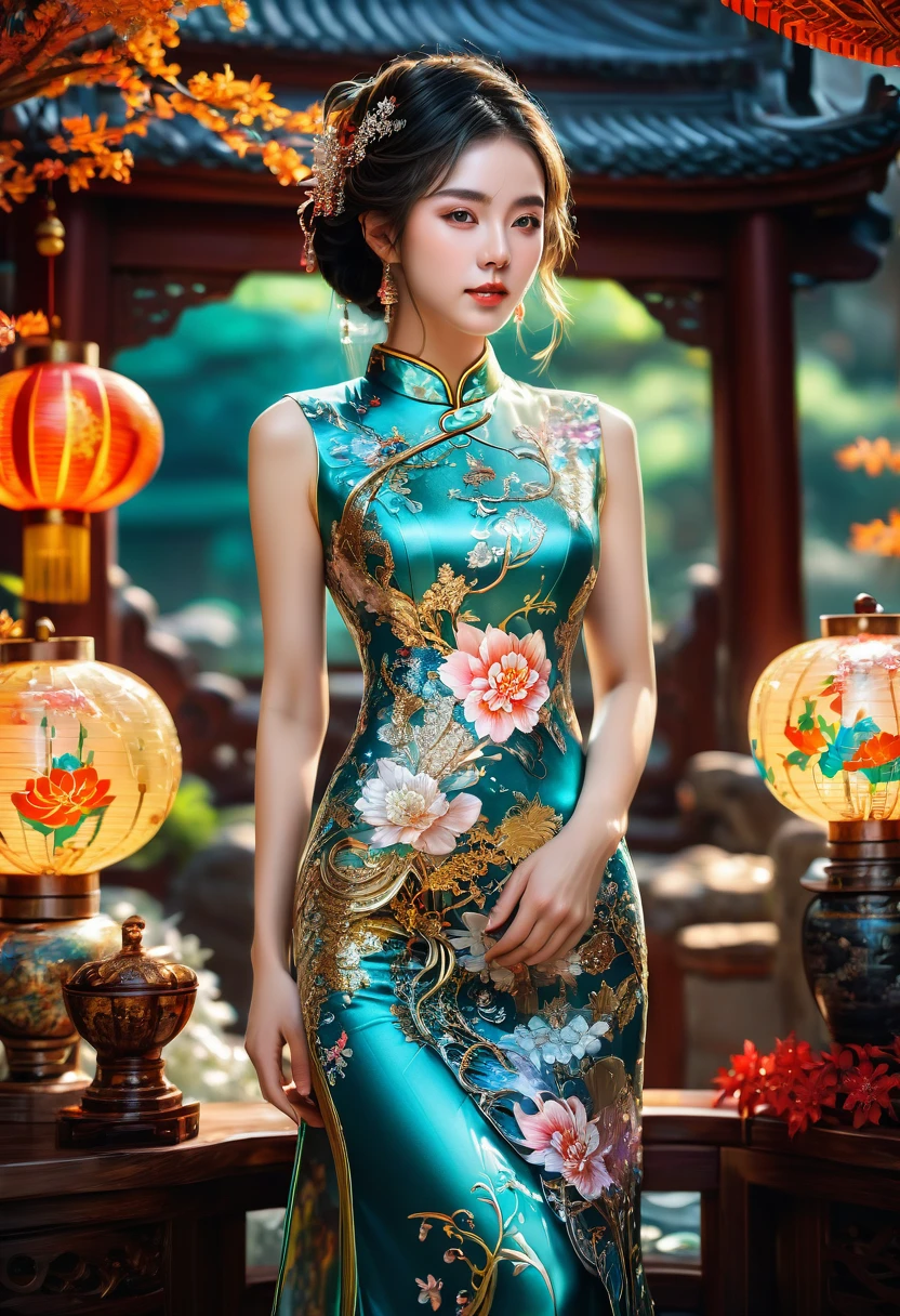 Cheongsam, fullbody, by Edwin Deakin, RAW photo, 35mm photograph, bokeh, best quality, masterpiece, very aesthetic, perfect composition, intricate details, ultra-detailed
