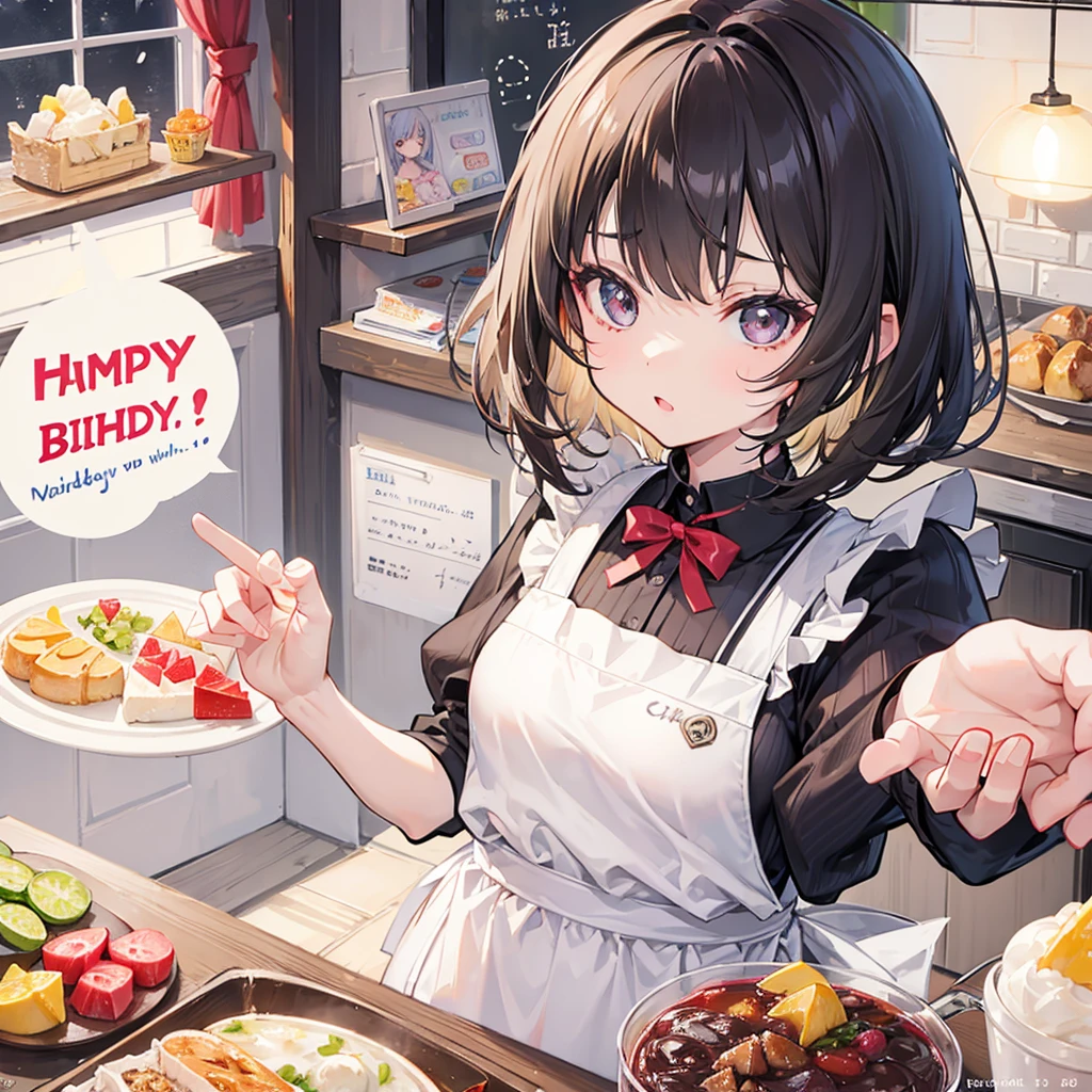 aggressive、Bangs、Medium Hair、girl、Light Hair Color、Small Mouth、Small Nose、Big Breasts、Chubby、birthday、apron