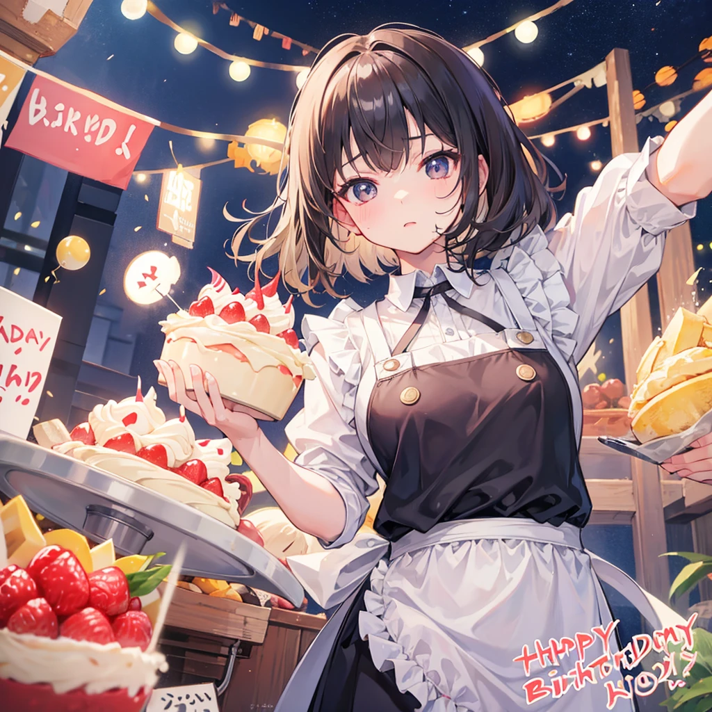 aggressive、Bangs、Medium Hair、girl、Light Hair Color、Small Mouth、Small Nose、Big Breasts、Chubby、birthday、apron