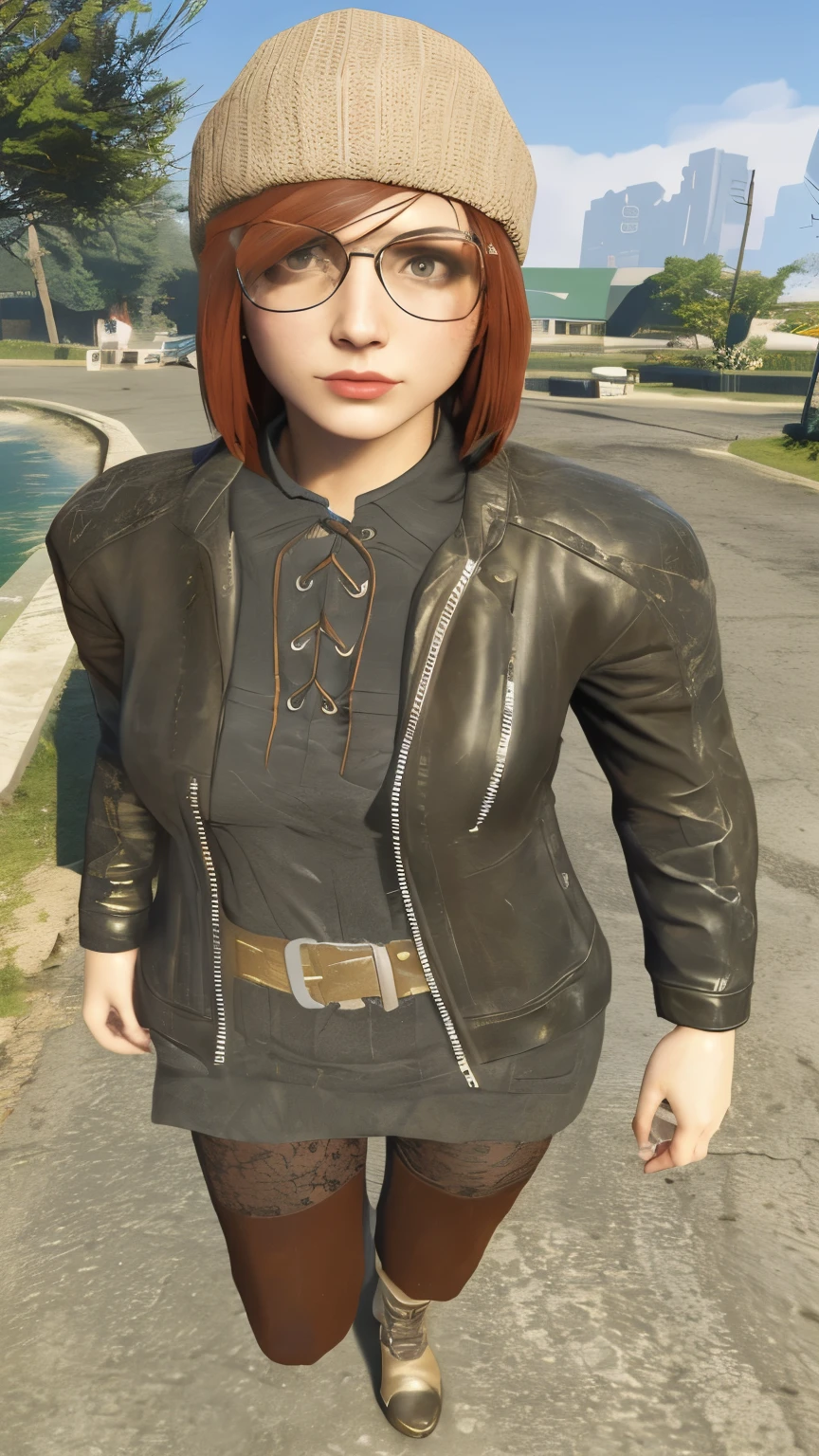 puffy woman in a hat and glasses walking down a street, diesel punk feminino, wearing cyberpunk leather jacket, mechanical punk clothing, very aesthetic leather jacket, she wears leather jacket, tattered leather coat, wearing samcrow leather jacket, high detailed clothes, stylization for fallout 4, well - detailed outfit, in an old 1950s leather jacket