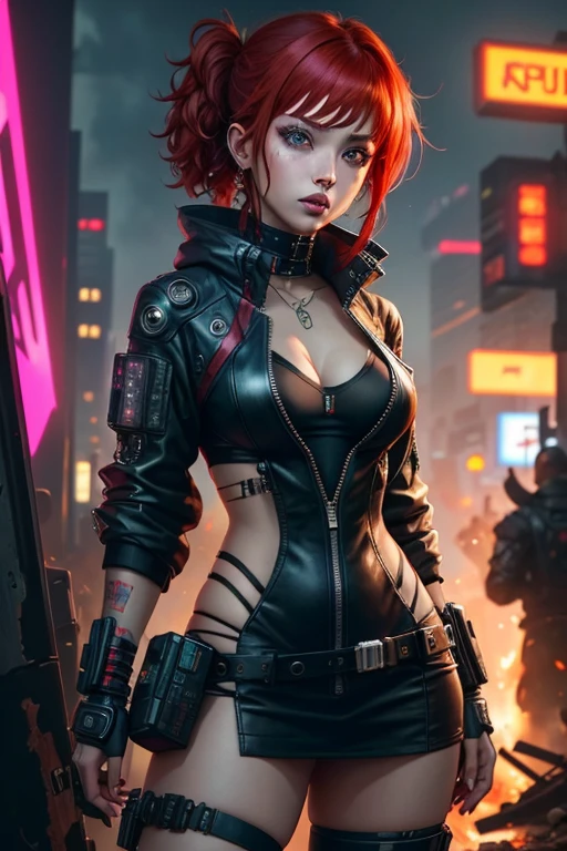 A girl with red hair and black clothes standing in a destroyed area、Cyberpunk Girl、female Cyberpunk Girl、Digital Cyberpunk、Cyberpunk art、digital Cyberpunk art、Cyberpunk Angry Gorgeous Goddess、Cyberpunk art、ハイパーリアルなCyberpunk Style、Cyberpunk artスタイル、Cyberpunk Girl、Cyberpunk Style、Modern cyberpunk、Cyberpunk style outfit