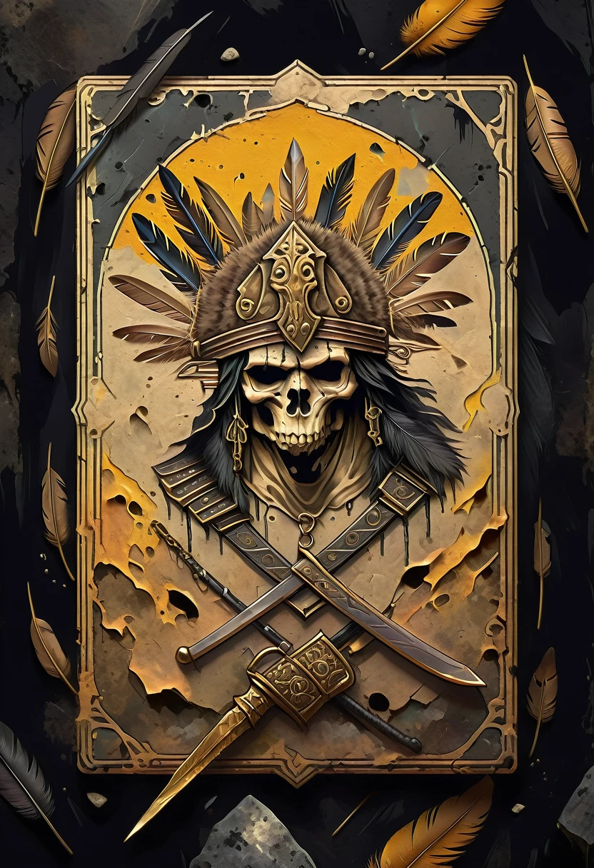 (best quality,4k,8k,highres,masterpiece:1.2),ultra-detailed,(realistic,photorealistic,photo-realistic:1.37),oil painting,colorful,brush strokes,dramatic lighting,horror,skull man warrior,aged paper,aesthetic,dripping ink,gritty texture,dark and moody atmosphere,detailed facial features,expressionless face,intense gaze,weathered armor,worn out sword,ancient runes,crow feathers,ominous background,grim reaper vibes,haunting,creepy,macabre,vintage style,monochrome with sepia tones,contrast,depth,texture,old world charm,subtle decay,aged elegance,cracked paint,weathered detailspeated paint,cracked stone texture,long shadows,dusty appearance,creased edges,sculptural quality