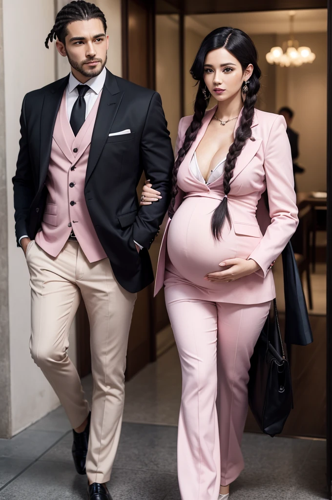 man with big pink hair with braids and wearing a suit with a woman, Brunetette, pregnant and with black hair