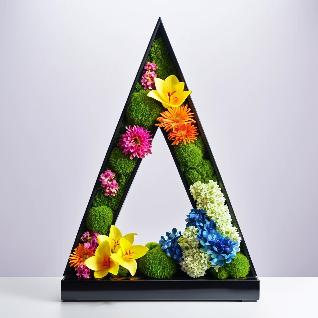 ohara, moribana style of naturalistic basic triangular structure in its floral arrangements modern style, high quality, ultra hd, very vibrant and colored, high resolution, super cinematic