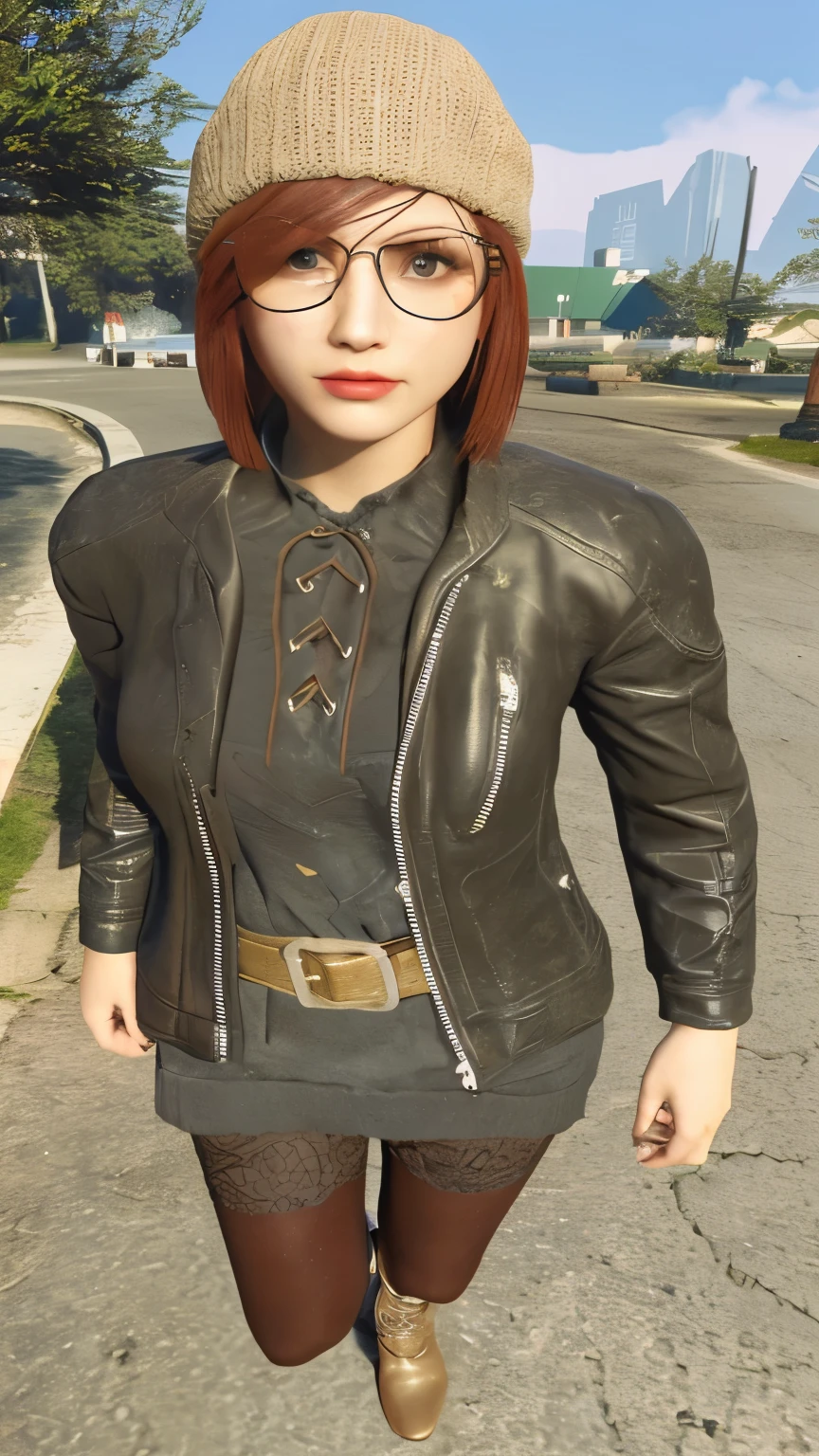 puffy woman in a hat and glasses walking down a street, diesel punk feminino, wearing cyberpunk leather jacket, mechanical punk clothing, very aesthetic leather jacket, she wears leather jacket, tattered leather coat, wearing samcrow leather jacket, high detailed clothes, stylization for fallout 4, well - detailed outfit, in an old 1950s leather jacket