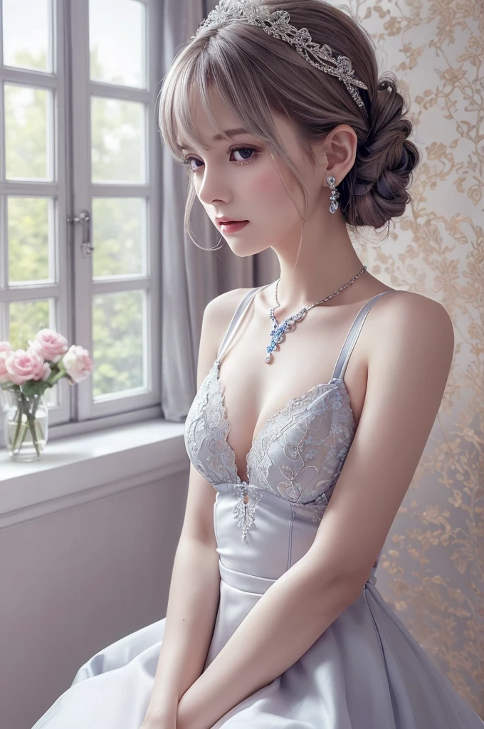 blue lace thong&Good, (((Very elegant and beautiful, Perfect detail, Super detailed))), whole body, The most detailed girl, Depth of written boundary, 美しく詳細なwhole body, Thin legs, 1 girl, 30 years old, Very short hair, Spiked Hair, Gray and silver hair, Beautiful detailed hair, Perfect Face, Expressionless, Beautifully detailed deep eyes, Open your mouth a little, Delicate arms and hands, Pale skin, Earrings, Beautiful and gorgeous necklace, Colorful background, HD background, Blurred Background, Very delicate and beautiful, Masterpiece, (((Highest quality, Very beautiful 8K CG wallpaper))), (((Trendy hairstyles))), (Inside the room,Stylish interior,window),
