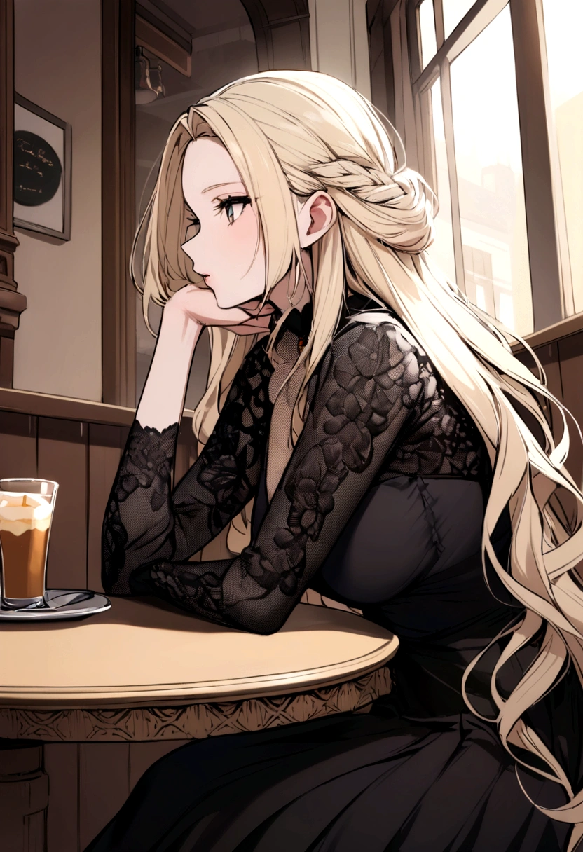 Jolie femme in a café sitting on a table blonde and cheveux longs