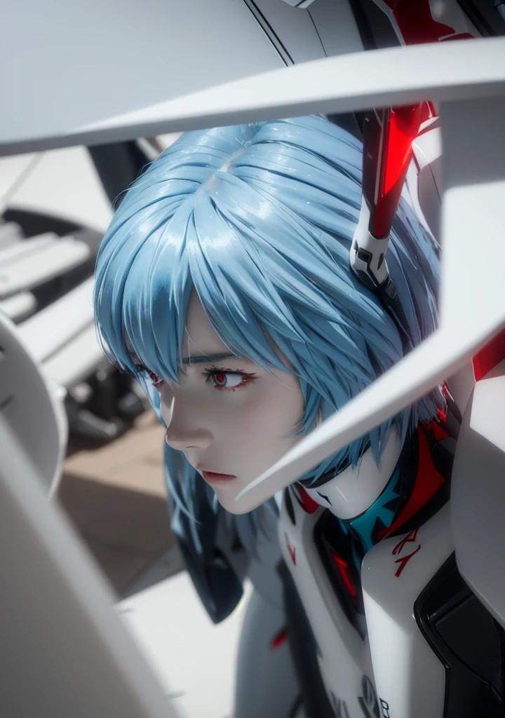 Teenage Girl, Rei Ayanami, (Ayanami Rei:1.2), Blue Hair, short hair, (Red eyes:1.3),Bodysuits, headgear, Plug Suit, white Bodysuits, Realistic, 4K, photoRealistic, Highest quality, Research Room, Dramatic Light, Aloe Clapart-1000, Ray Tracing,Detail Shadow,Shot with the Fujifilm X-T4,85mm,F1.2,Sharp focus,Depth of written boundary,Blurred Background,Bokeh,Lens flare