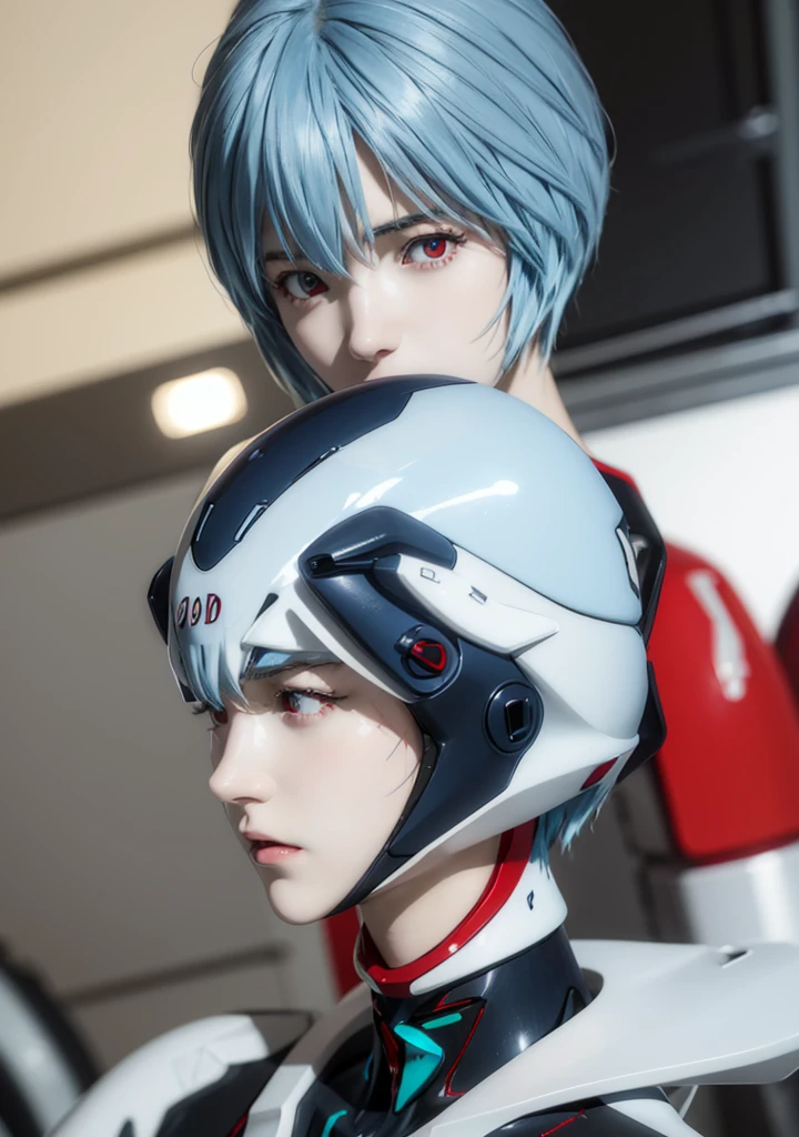 age Girl, Rei Ayanami, (Ayanami Rei:1.2), Blue Hair, short hair, (Red eyes:1.3),Bodysuits, headgear, Plug Suit, white Bodysuits, Realistic, 4K, photoRealistic, Highest quality, Research Room, Dramatic Light, Aloe Clapart-1000, Ray Tracing,Detail Shadow,Shot with the Fujifilm X-T4,85mm,F1.2,Sharp focus,Depth of written boundary,Blurred Background,Bokeh,Lens flare