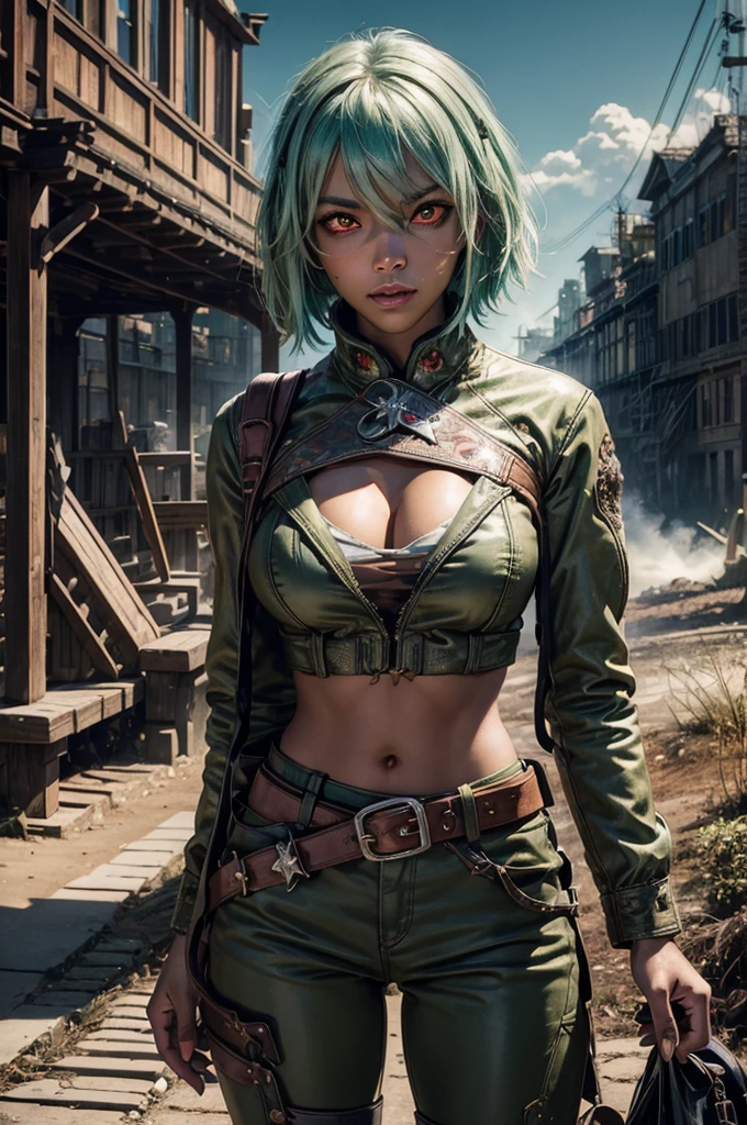 emeraldsustrai, emerald sustrai, short hair, (red eyes:1.5), (green hair), dark skin, dark-skinned female, navel, cleavage, midriff, belt, cleavage cutout, chaps, snow, ((broken suspension bridge, near old steam train)), post-apocalypse, dystopian future, crowd, (crowd in military uniforms), bonfires, (volumetric lighting), intricate details, tonemapping, sharp focus, hyper detailed, (cowboy shot:1.5), BREAK (masterpiece:1.2), best quality, high resolution, unity 8k wallpaper, (illustration:0.8), (beautiful detailed eyes:1.6), extremely detailed face, perfect lighting, extremely detailed CG, (perfect hands, perfect anatomy),