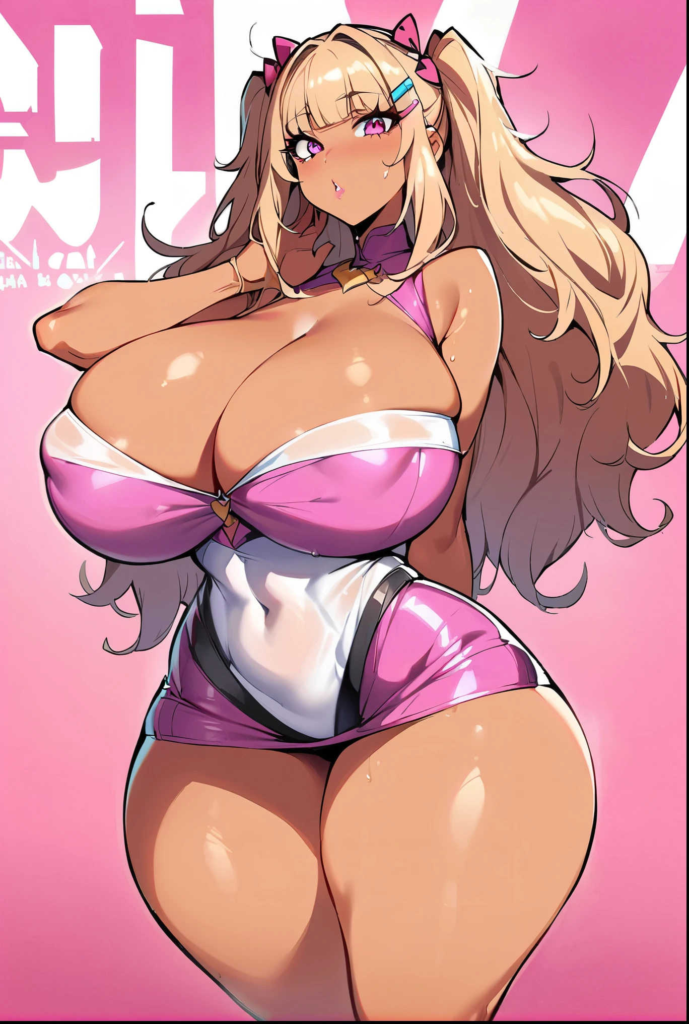(masterpiece, best quality:1.2), 1girl, solo,standing,
by by buta99, by chelodoy, by spikedmauler, by cervina7, solo, female, standing, looking at viewer, ((hair, snout), lips, eyelashes, eyeliner, big breasts, cleavage, pink eyes, sexy, long light brown hair, long wavy hair, skinny, canine, pink, kawaii, small waist, huge thighs, milf body , big eyes, pink clothes, phair ,kawaii, super kawaii, big hips, kawaii outfit, sexy, nsfw, pink, pink theme, huge , showing, huge thighs, huge hips, shiny, skinny waist, mini skirt, shiny skin, glowy skin, huge curls, bangs, kawaii girl, sexy clothes, wet, colorful hair clips, blush, dominant women, milf, thick, tan skin, d