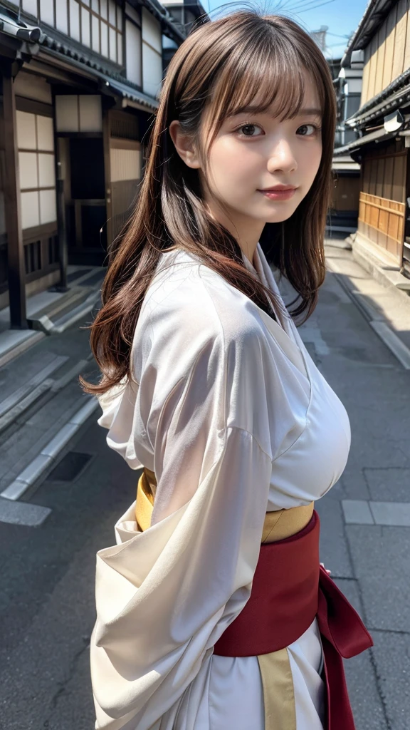 professional lighting,(Photoreal:1.4), (Top image quality:1.0), (超A high resolution:1.0), 8k, Raw photography, (masterpiece:0.2), (Pueros face_v1:0.5)、(highest quality Detail:1.2)、realistic、8k UHD、High resolution、(1 girl:1.2)、Super detailed、High quality textures、intricate details、detailed、Very detailed CG、High quality shadows、detailed Beautiful and delicate face、Beautiful details and delicate eyes、(symmetrical eyes:1.2),Depth of the bounds written、ray tracing,1 girl, japanese girl,cute, large breasts, Portrait of a beautiful Japanese woman wearing a kimono, Standing elegantly on a street corner in Kyoto. A kimono with bright traditional patterns, Hair decorated with an elegant and delicate hairpin, and a gentle expression. (Against the backdrop of the old streets of Kyoto:1.4)、soft light on a spring afternoon、adds tranquility to the scene. Rendered in a realistic style with great attention to detail, High resolution images.sky porn, magic hour, (realistic:1.3), finely, quality, (table top:1.2), (realistic:1.2), (highest quality), (Complex details), dramatic, ray tracing, photograph, +roller