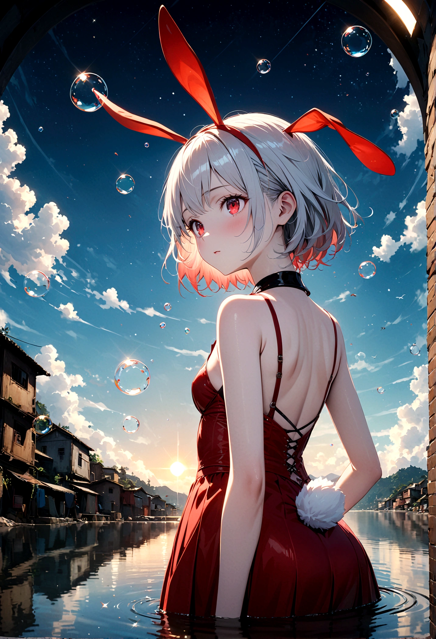 woman\(student, ＪＫ, Short silver hair floating, Space-colored eyes, black , Pale skin, Tired face、lack of shine in the eyes\) Looking up at the sky, Many cute little goldfish with shining red scales are swimming in the air, Transparent bubbles, like those in water, sparkle here and there in the sky., Beautiful sky, Beautiful Clouds, there are puddles at ground and the landscape is reflecting beautifully, Looking up at the wide sky from the cramped back alleys of the slums, Summer flowers are blooming everywhere, I see the wind blowing and shining, There is a noon moon and a noon star in the sky,From below, break ,quality\(8K,非常に精細なCGユニットのwallpaper, masterpiece,High resolution,top-quality,top-quality real texture skin,Surreal,Increase the resolution,RAW Photos,最高quality,Very detailed,wallpaper,Cinema Lighting,Ray-tracing,Golden Ratio\),(Long Shot),Wide Shot,landscape,arched back、looking back、flustered、It has a rabbit tail、Bunny ears、Red eyes