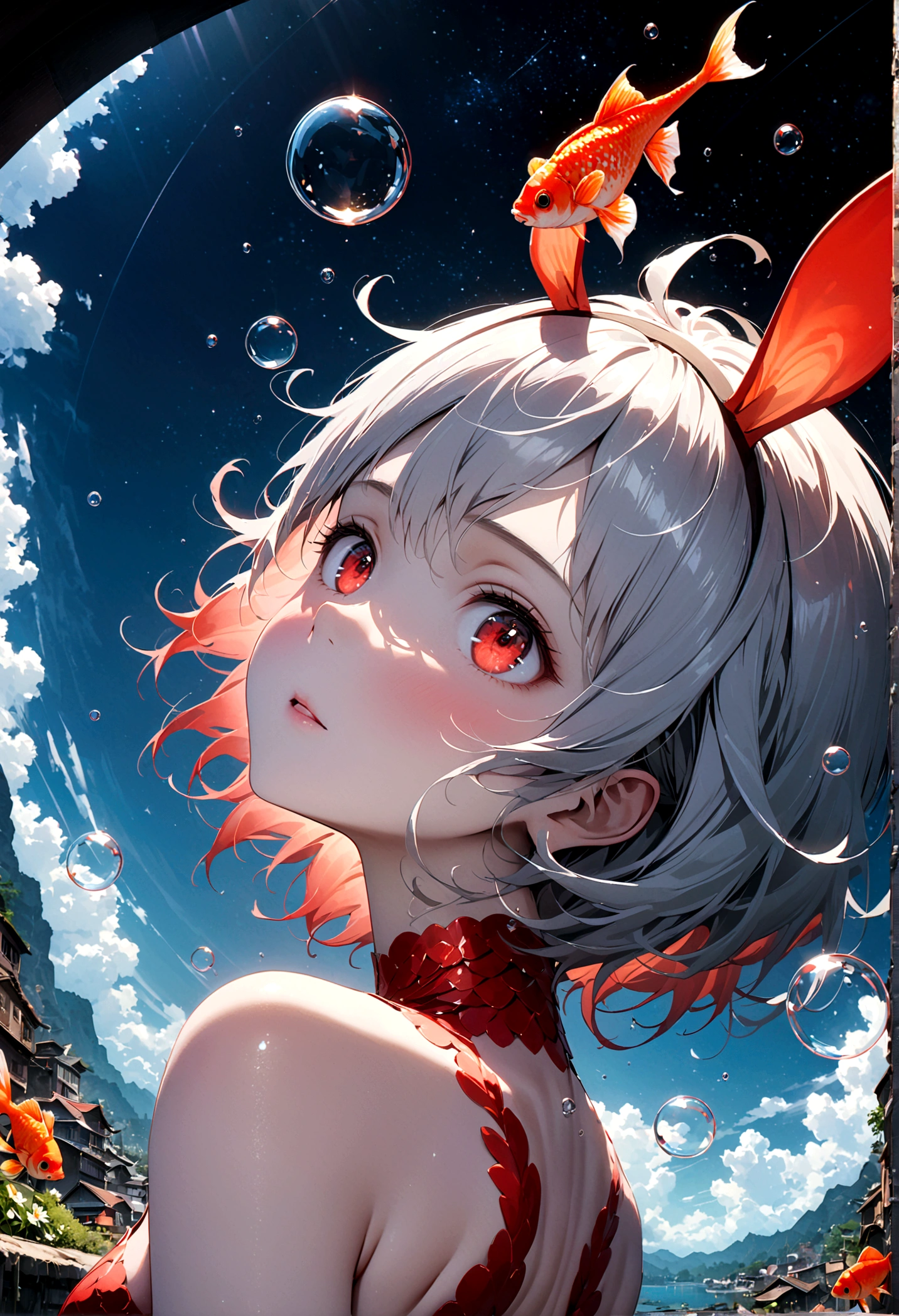 woman\(student, ＪＫ, Short silver hair floating, Space-colored eyes, black , Pale skin, Tired face、lack of shine in the eyes\) Looking up at the sky, Many cute little goldfish with shining red scales are swimming in the air, Transparent bubbles, like those in water, sparkle here and there in the sky., Beautiful sky, Beautiful Clouds, there are puddles at ground and the landscape is reflecting beautifully, Looking up at the wide sky from the cramped back alleys of the slums, Summer flowers are blooming everywhere, I see the wind blowing and shining, There is a noon moon and a noon star in the sky,From below, break ,quality\(8K,非常に精細なCGユニットのwallpaper, masterpiece,High resolution,top-quality,top-quality real texture skin,Surreal,Increase the resolution,RAW Photos,最高quality,Very detailed,wallpaper,Cinema Lighting,Ray-tracing,Golden Ratio\),(Long Shot),Wide Shot,landscape,arched back、looking back、flustered、It has a rabbit tail、Bunny ears、Red eyes