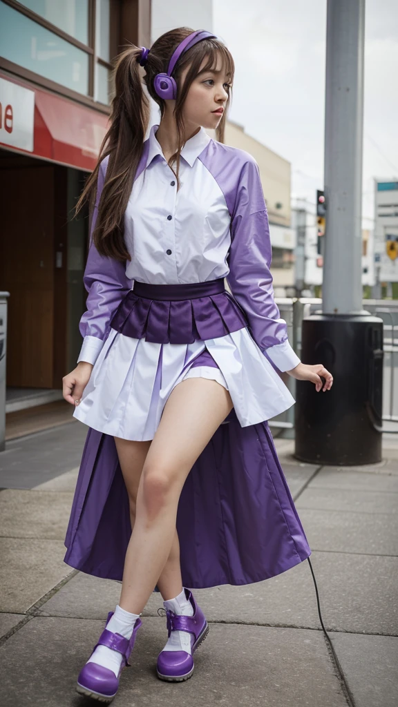 ((masterpiece, best quality))1girl, solo, fashion purple dress modern future, electric guitar, headphones, ponytail, holding, holding plectrum, instrument, very very long brown hair, music, one side up, teal hair, twin tails, playing guiter, pleated long skirt fashion, fashion cosplay japan dress modern purple and white, interior, full body, purple, sit down in retro classic chair, walking, jumping, beautiful boot modern, background japan city, fashion costume cosplay japan modern, execited, dance, jumping, running, fighting