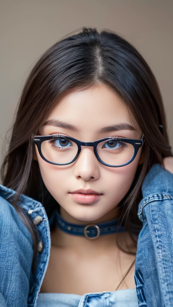 a cute Chinese girl wearing ripped blue jeans with a belt, wearing glasses, beautiful detailed eyes, beautiful detailed lips, extremely detailed face and skin