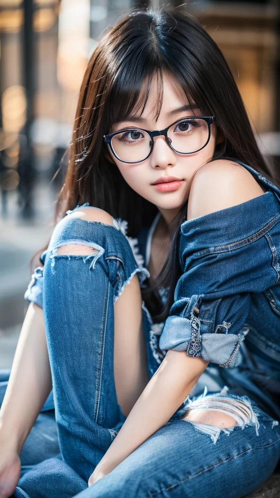 a cute Chinese girl wearing ripped blue jeans with a belt, wearing glasses, beautiful detailed eyes, beautiful detailed lips, extremely detailed face and skin