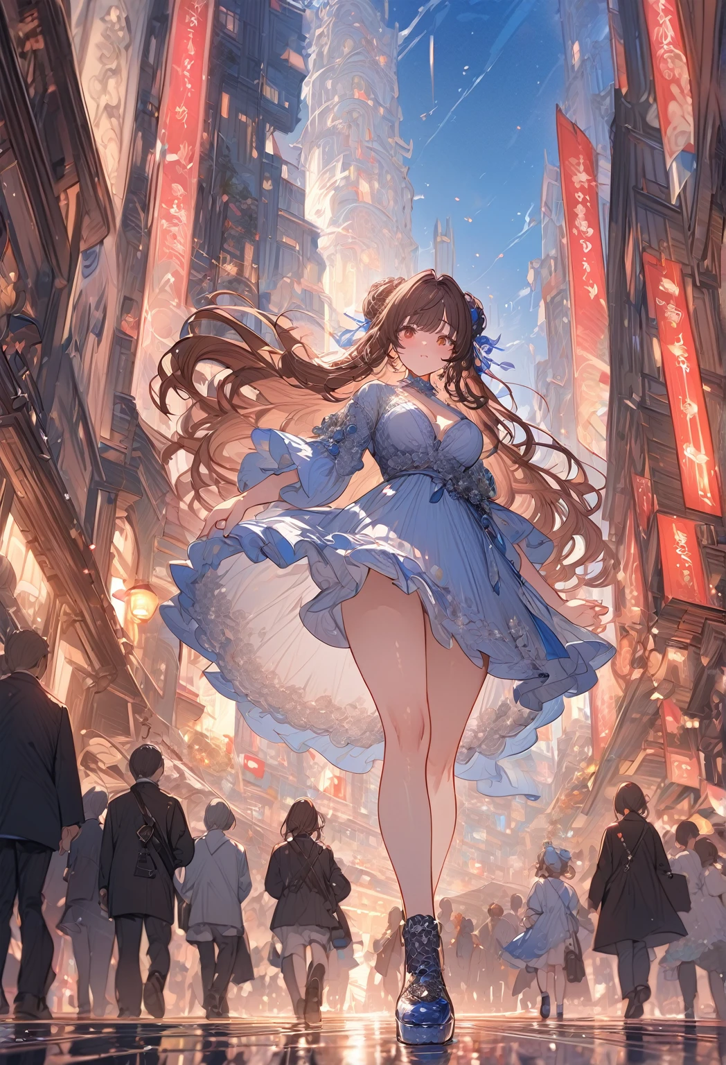 ((masterpiece:0), best quality, very aesthetic, newest, absurdres, detailed, high quality)
BREAK
highest quality, top quality, details, highres, ultra fine painting, digital art, official art, cinematic, 4k, 8k resolution, 8K CG wallpaper, CG, original artwork, detailed background, colorful background, blue atmosphere, High Dynamic Range, blurry background, blue hour, Starburst effects, crepuscular rays, good ISO, high resolution, wide shot, from far away, RAW photo, POV, sharp focus, light reflection, reflections, intricate details, soft light, particle noise, professional photography, bokeh, depth of field, natural lighting, vibrant colors, looking away, detailed lights and shadows, stylish, ultra-detailed, top rated on Pixiv, trending on Artstation, niji style, modern-days, master crafted, pose
BREAK
solo, 1girl, a girl, correct fingers, detailed hair, (medium big breasts:1.2), big thighs, short torso, short body, flushtered, blush, anxious expression, casual, slim, ((cute, childlike face):1.3), nice hips, nice body, brown hair, (long flowing hair:1.1), big 2 buns hairstyle, long bangs, long hair, middle hair bangs, brown eyes
BREAK
((colorful outfit), off shoulder crop top, short skirt, headphone, jacket, casual cap, belts, straps, choker, gloves, boots, stockings, garterbelt, accessories, outfit ornaments, sneakers, kemonomimi, masker, 1 tail, correct tail, (full body:1.3)) 
BREAK
a close up of a person walking down a street with a crowd of people, crowded street, crowded streets, in front of a large crowd, giant crowd, girl walking through city, people walking down a street