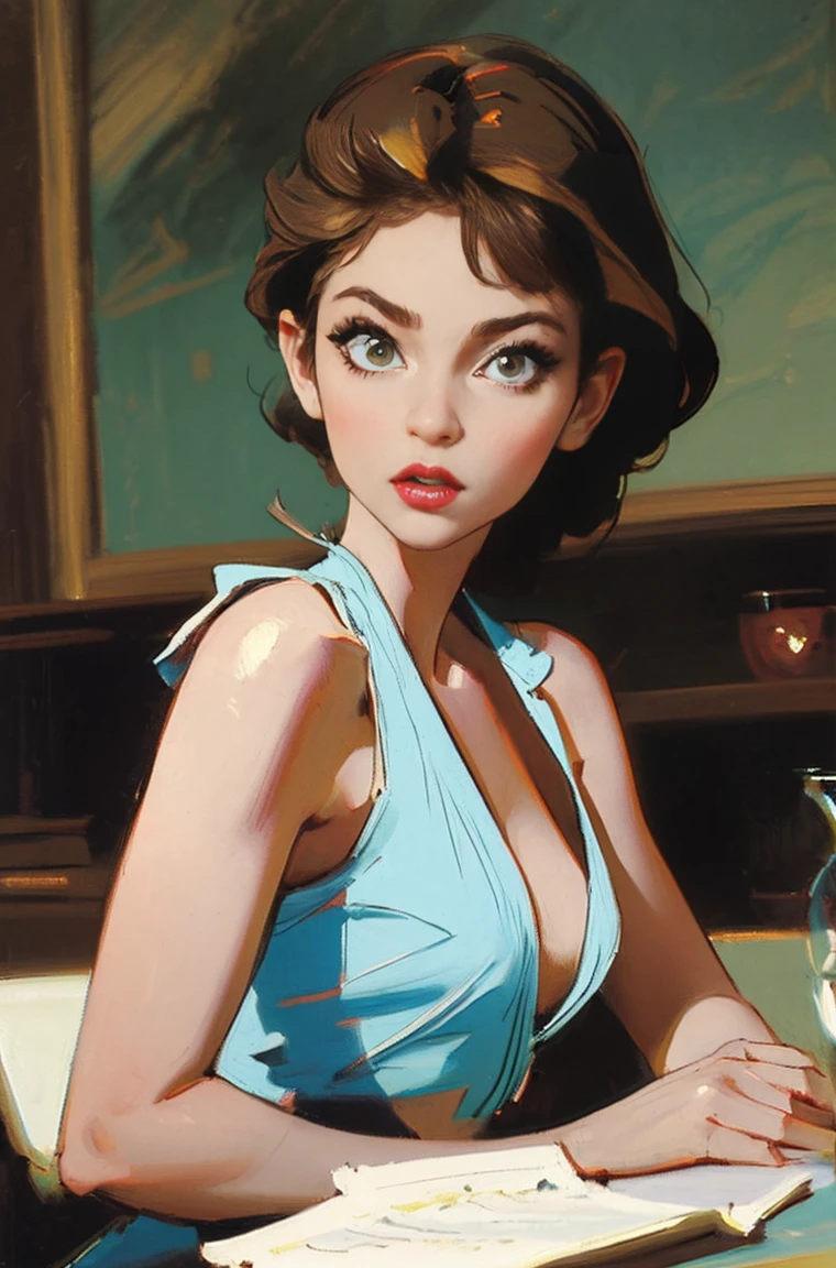 (best quality, masterpiece), 1 ultra hot gorgeous European woman.age 23.1980s style, looking at viewer, pinup upper body.